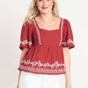 Flutter Sleeve Smocked Embroidery Red Swing Peasant Top Blouse